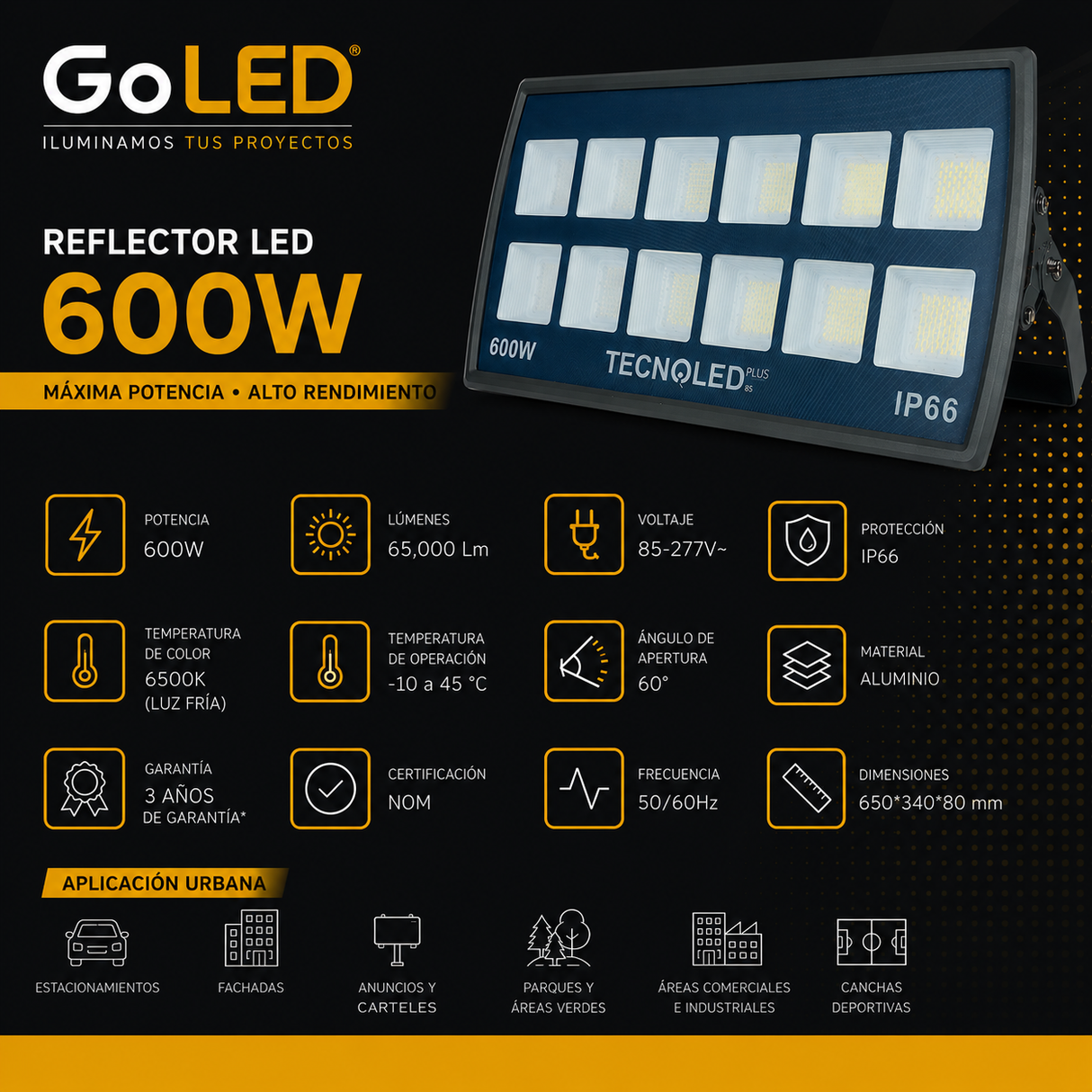 Reflector LED 600W IP66 65000 lm Luz Fría