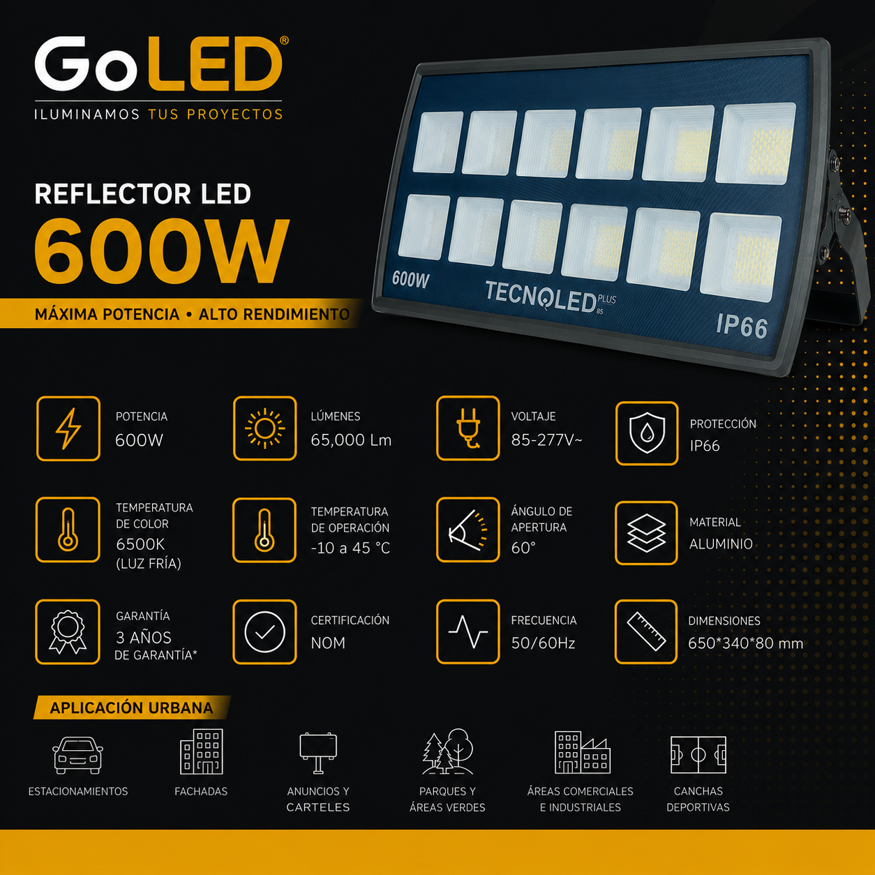Reflector LED 600W IP66 65000 lm Luz Fría