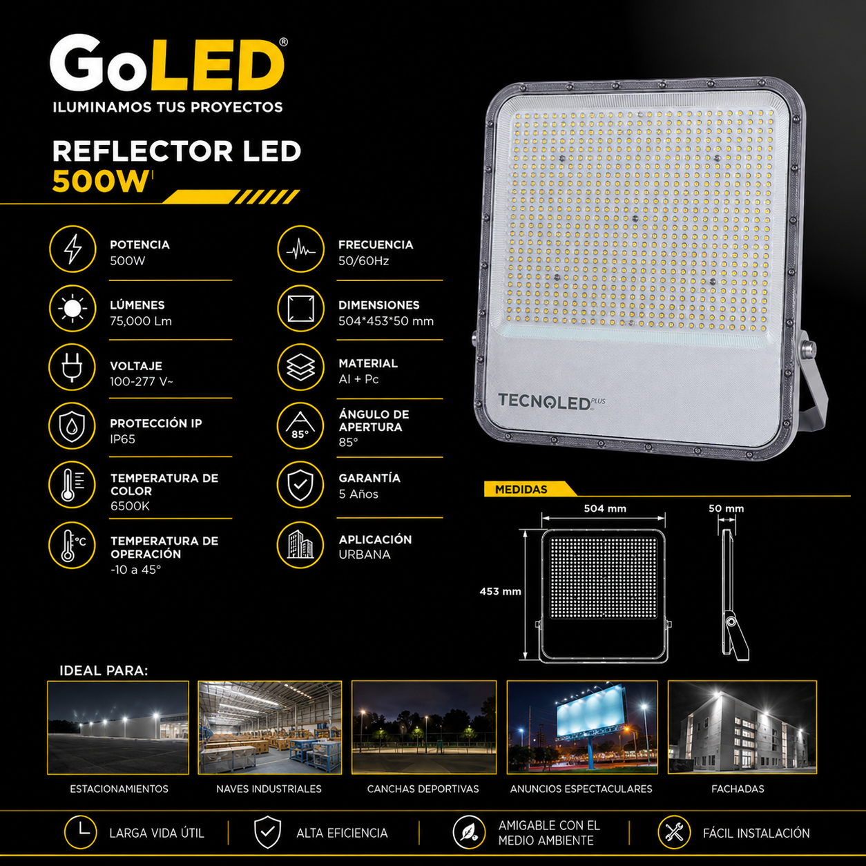 Reflector LED Industrial 500W IP65 Alta Potencia Exterior