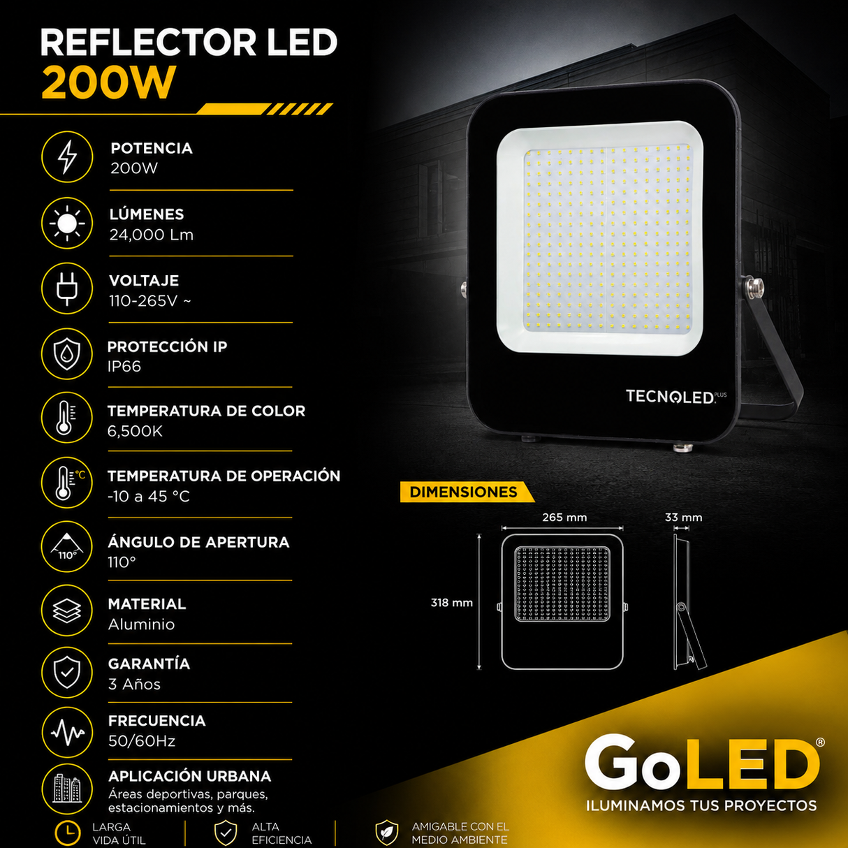 Reflector LED Alta Potencia 200W IP66 para Exteriores