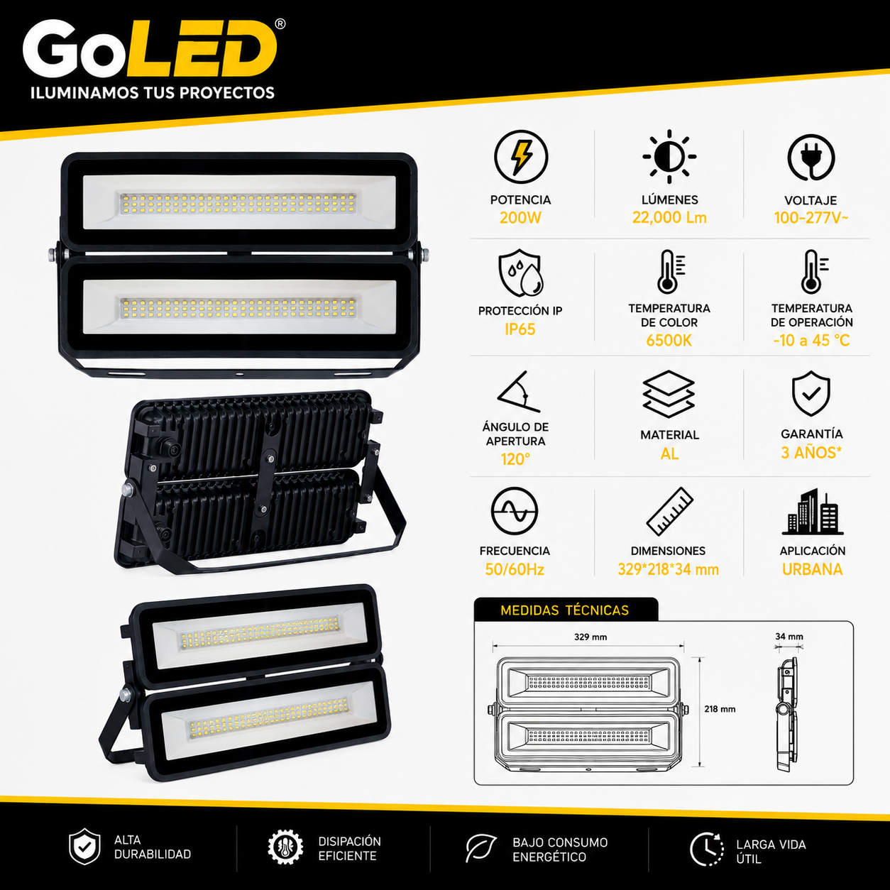 Reflector LED Industrial 200W IP65 Alta Potencia Exterior