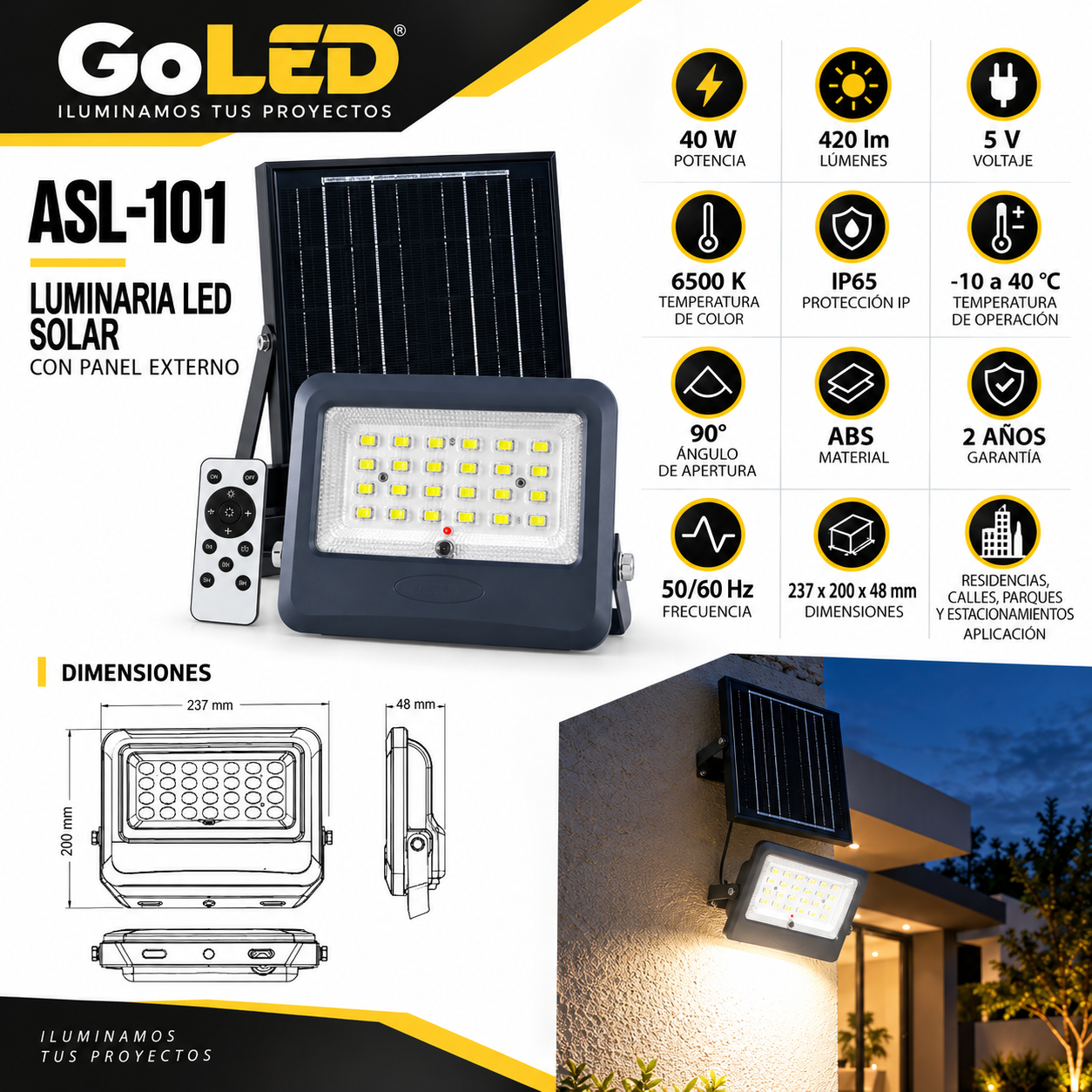 Reflector LED Solar 420 Lúmenes con Panel Externo y Control Remoto 6500K IP65 – Artlite ASL-101