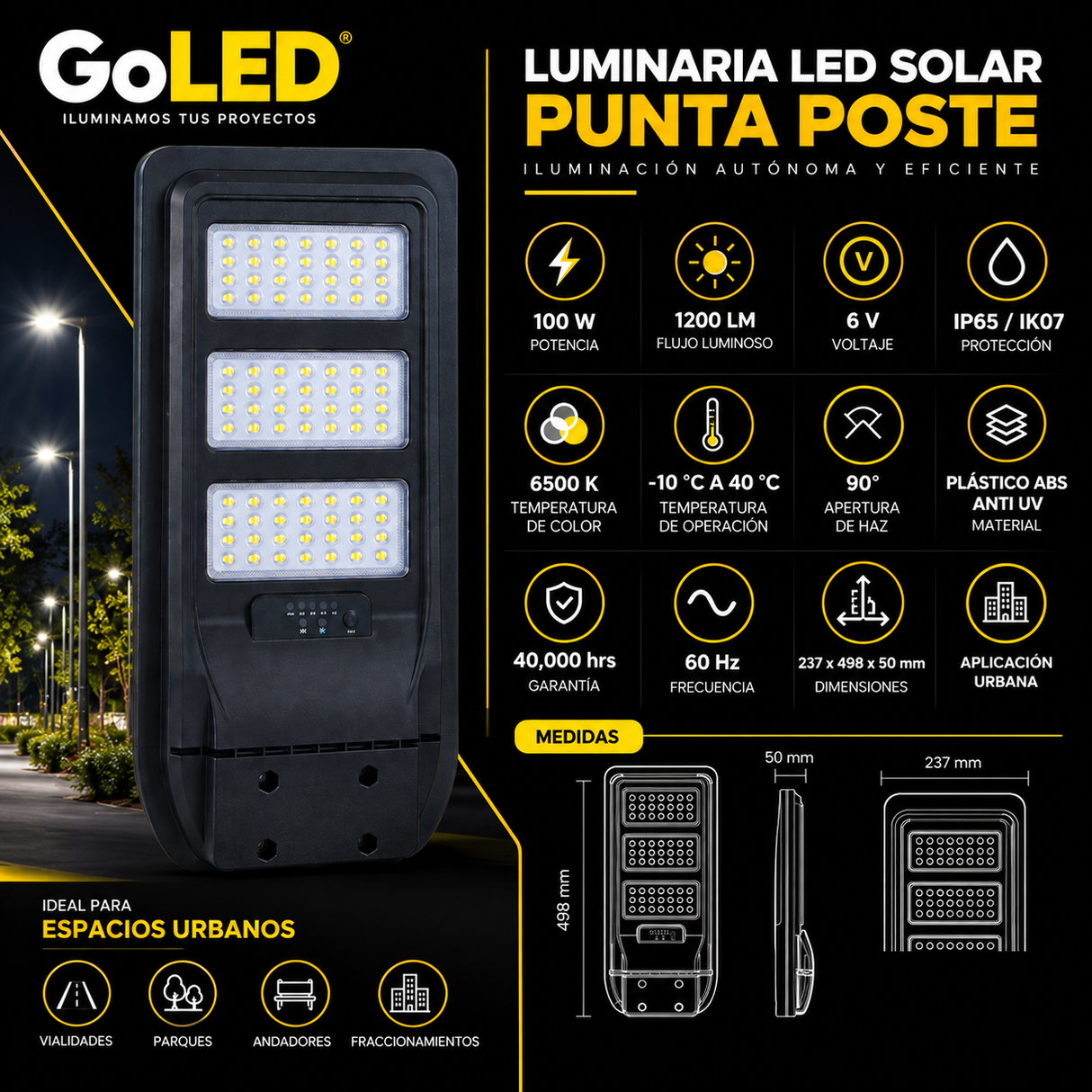 Luminaria Solar LED Punta de Poste 1200 lm para Jardín y Patio
