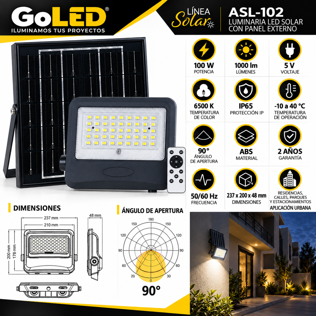 Reflector LED Solar 100W para Fachadas y Patios ASL-102