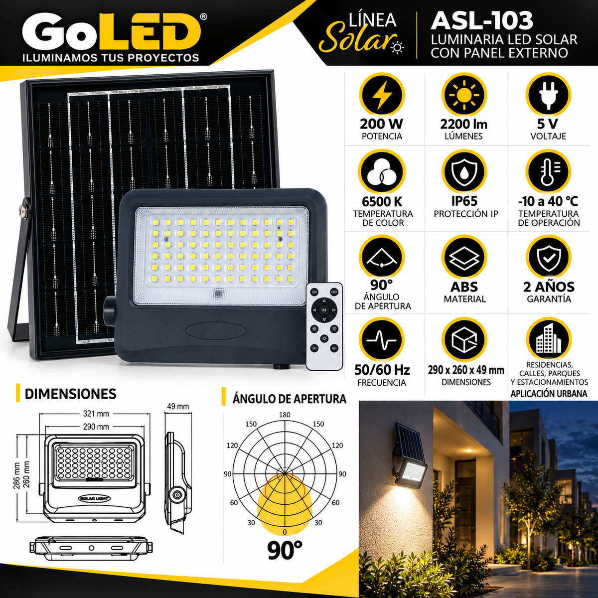 Reflector LED Solar 200W para Fachadas y Patios ASL-103