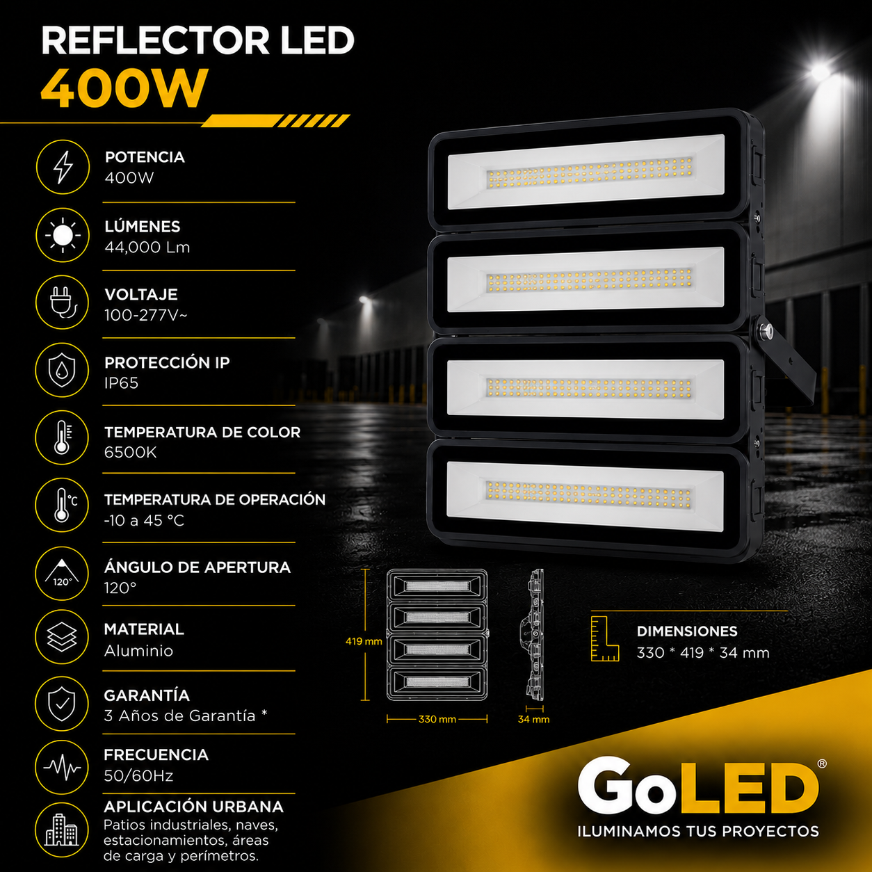 Reflector LED Industrial 400W IP65 Luz Blanca 6500K