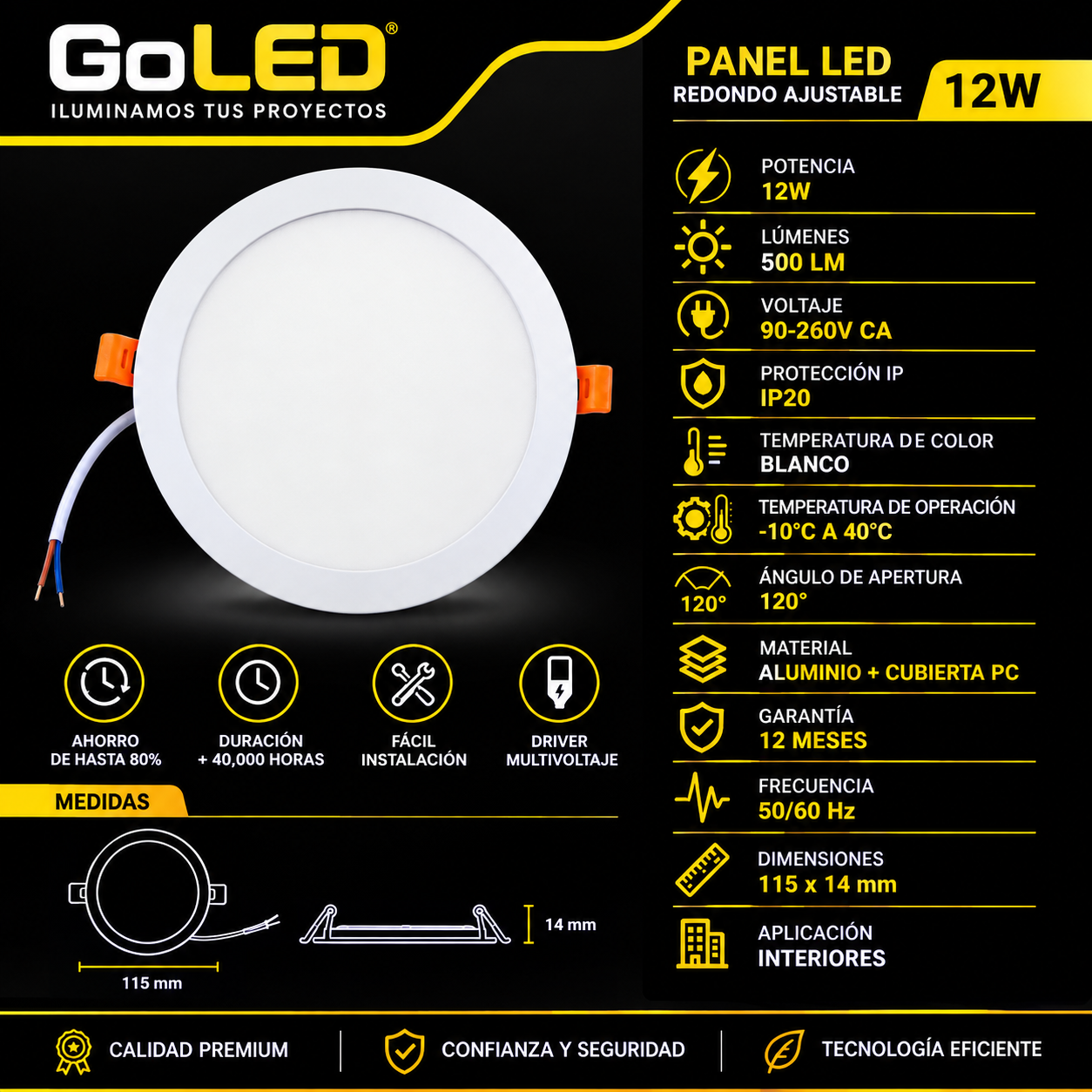 Panel LED Redondo Empotrable Ajustable 12W Blanco