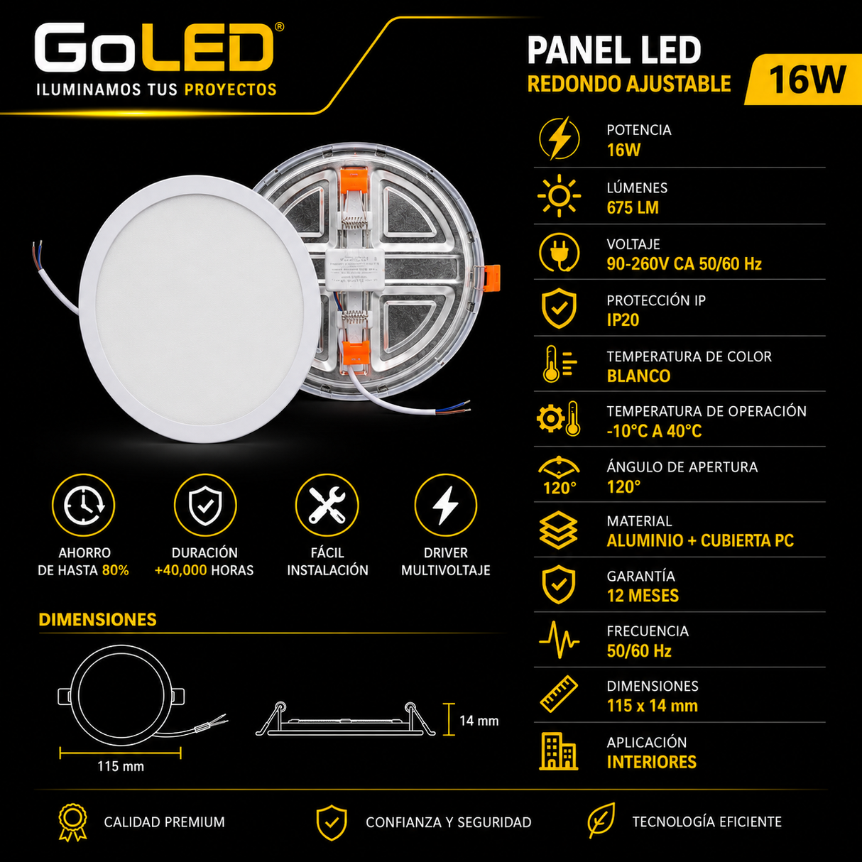 Panel LED Redondo Ajustable 16W Empotrable para Interiores Blanco