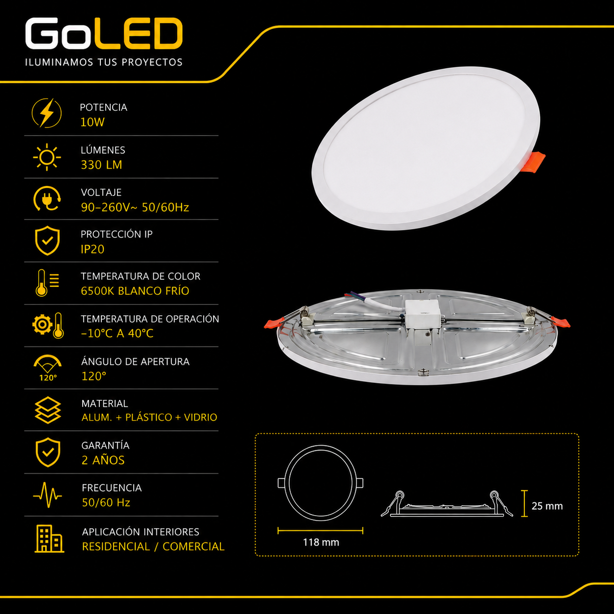 Panel LED Ajustable 10W 6500K Empotrable para Interior