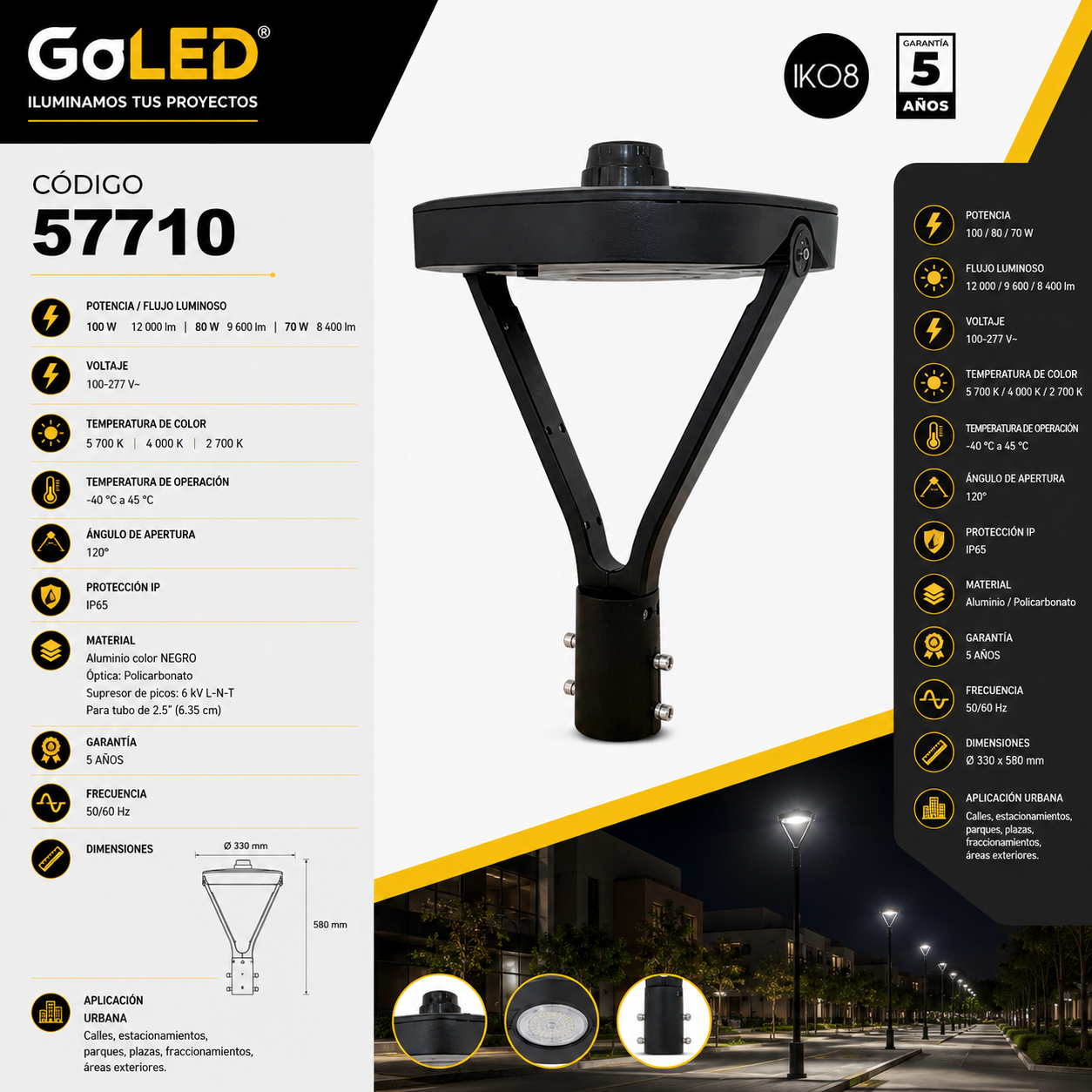 Luminaria Suburbana LED Punta de Poste Switchable 70-100W 57710