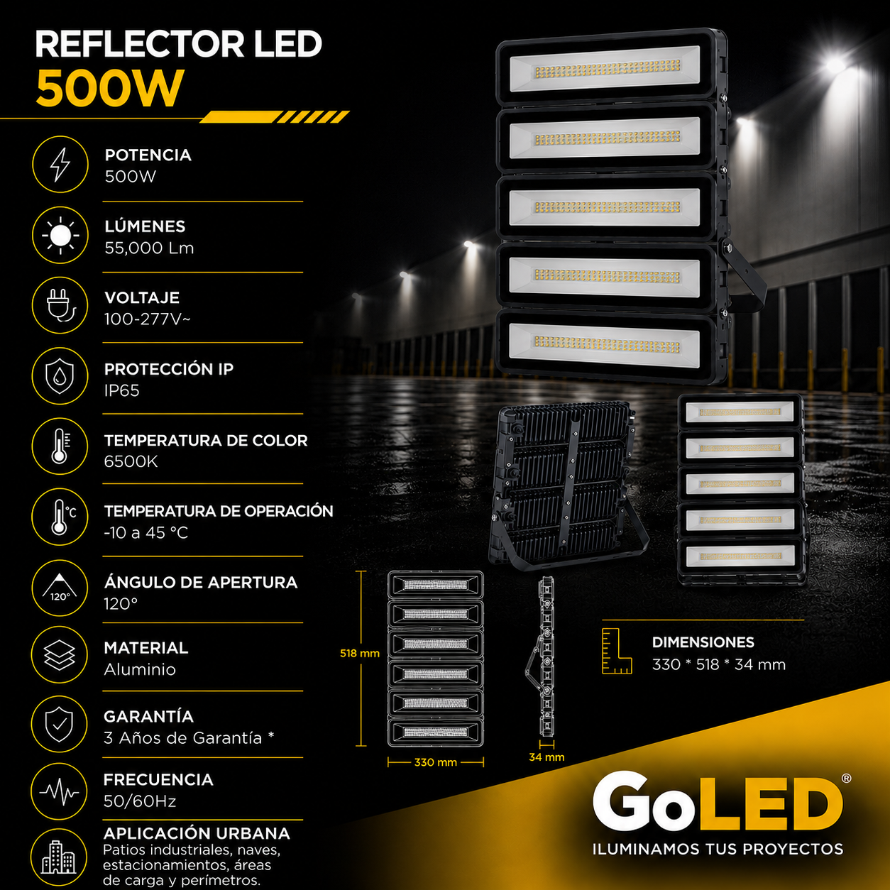 Reflector LED Industrial 500W IP65 Luz Blanca 6500K