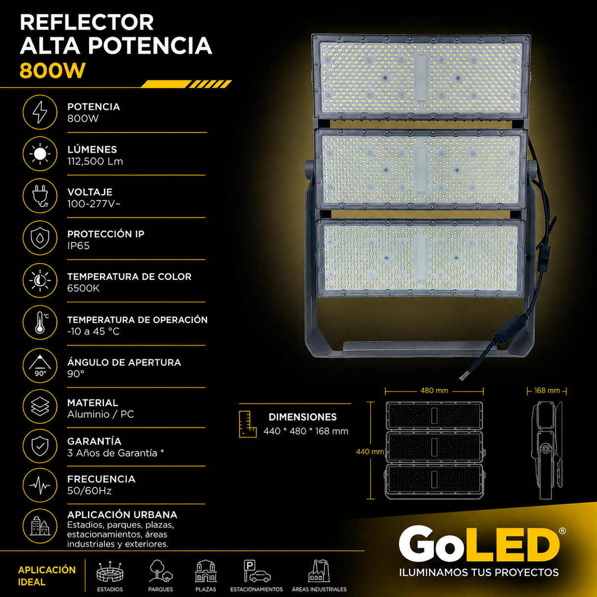 Reflector LED Alta Potencia 800W IP65 Luz Blanca 6500K