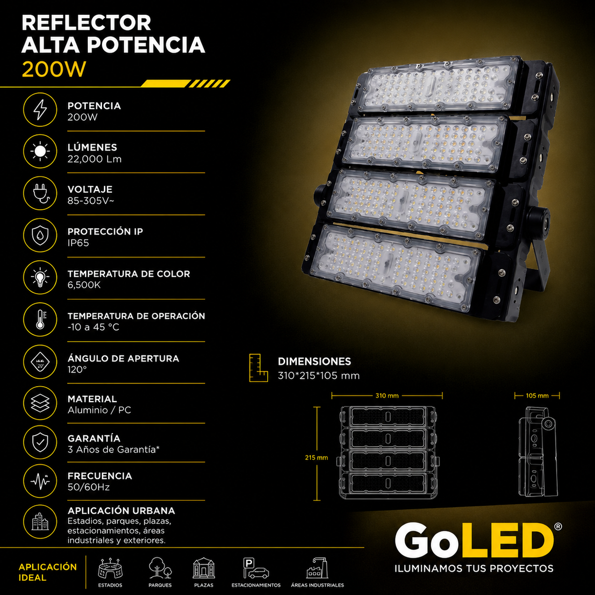 Reflector LED Alta Potencia 200W IP65 Luz Blanca 6500K