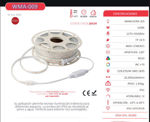 Manguera LED Exterior 150W SMD 2835 Roja 25m