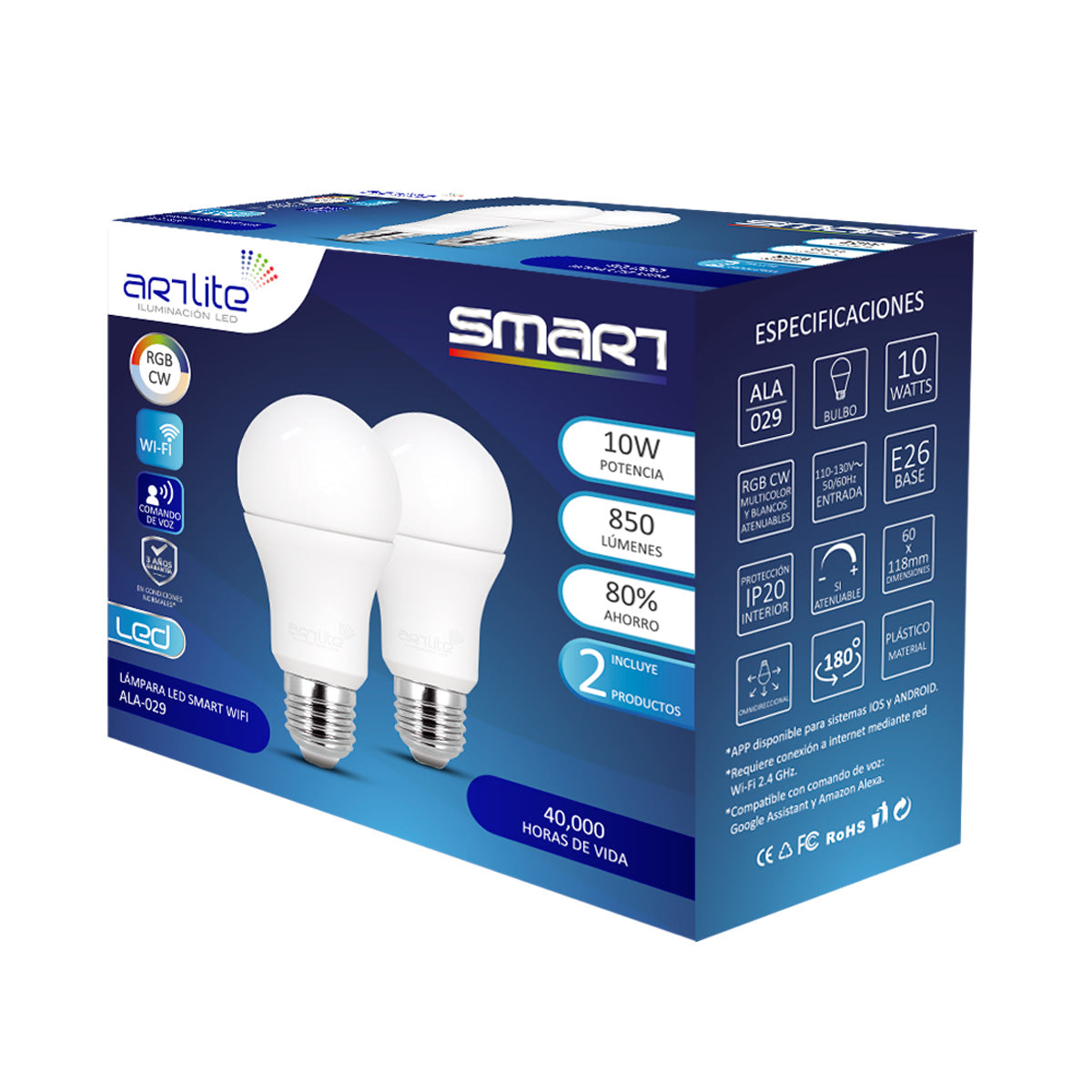 Lampara LED Smart WiFi E26 10W RGB CW Multicolor Y Blancos Atenuables 10w