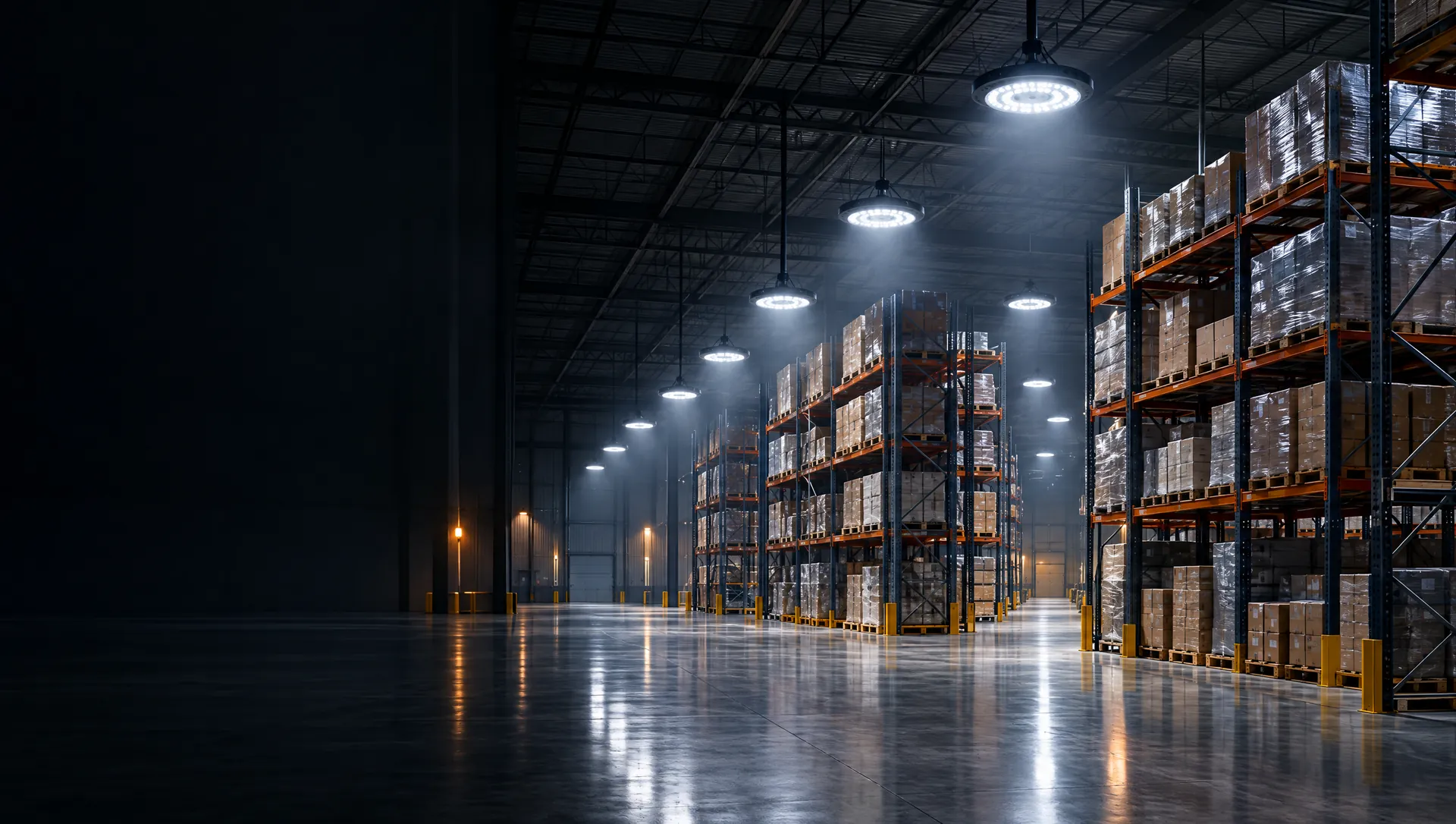 Nave industrial iluminada con luminarias LED high bay
